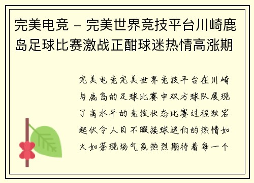 完美电竞 - 完美世界竞技平台川崎鹿岛足球比赛激战正酣球迷热情高涨期待精彩瞬间