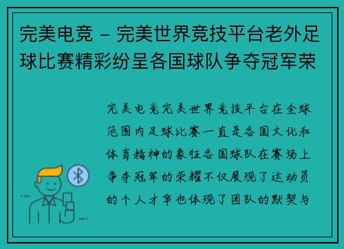 完美电竞 - 完美世界竞技平台老外足球比赛精彩纷呈各国球队争夺冠军荣耀