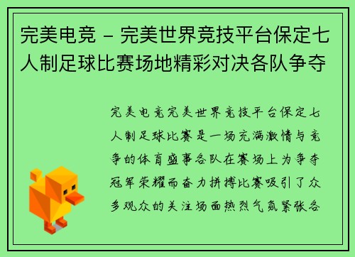 完美电竞 - 完美世界竞技平台保定七人制足球比赛场地精彩对决各队争夺冠军荣耀与荣誉